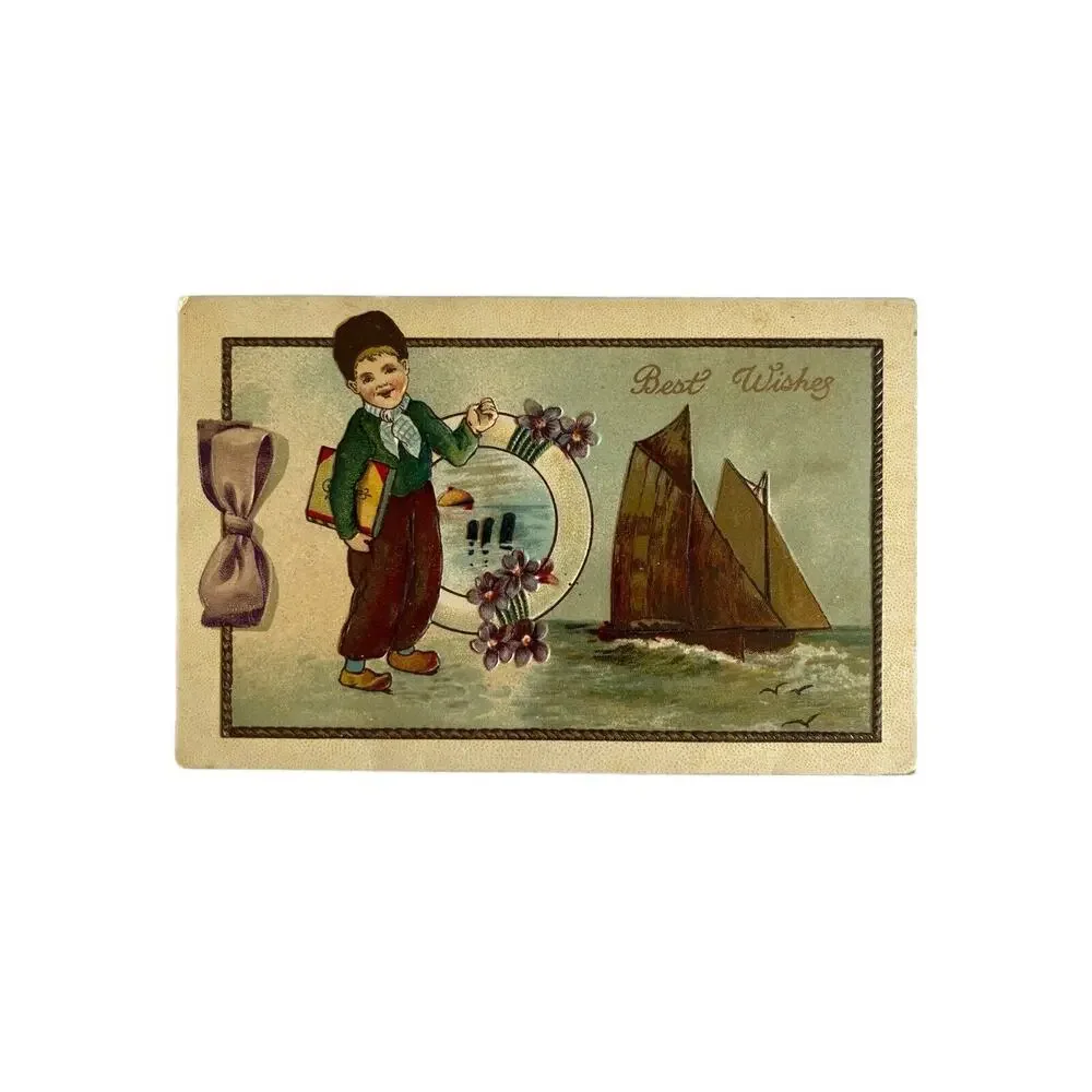 Atq Early 1900s Ephemera Posted Postcard Best Wishes Dutch Boy Nautical Sailboat